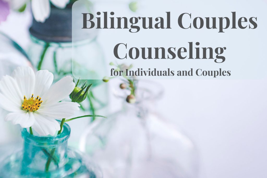 bilingual couples counseling support symbolized by a single marguerite flower in a glass vase